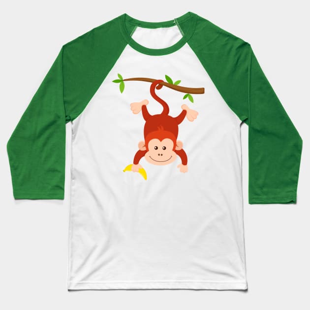 Funny Monkey Hanging Upside Down Holding Banana Baseball T-Shirt by samshirts